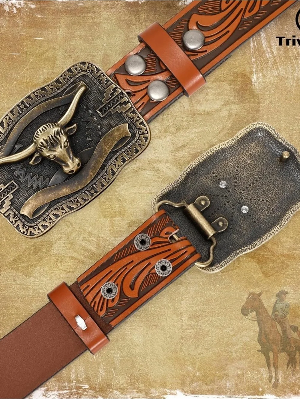 Western Bull Head Buckle Belt in Tan and Bronze
